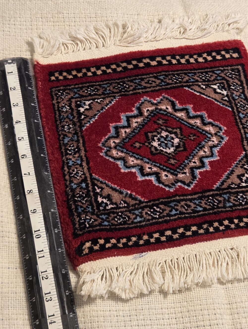 Small Wool Rug Hand Knit Persian Style 1 Square Foot Red White Fringe Bokhara - Picture 9 of 10